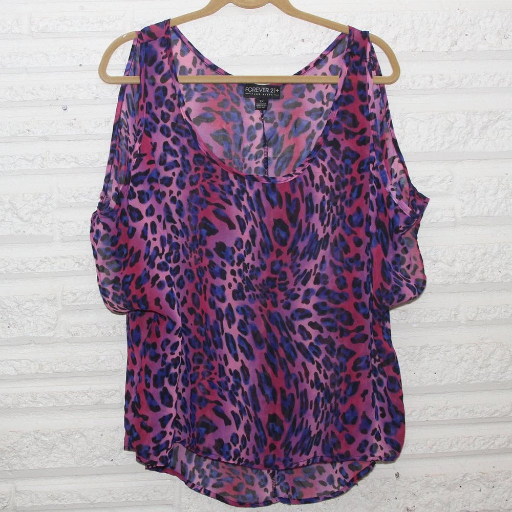 Forever 21 Leopard Cold Shoulder Sheer Blouse, 1X